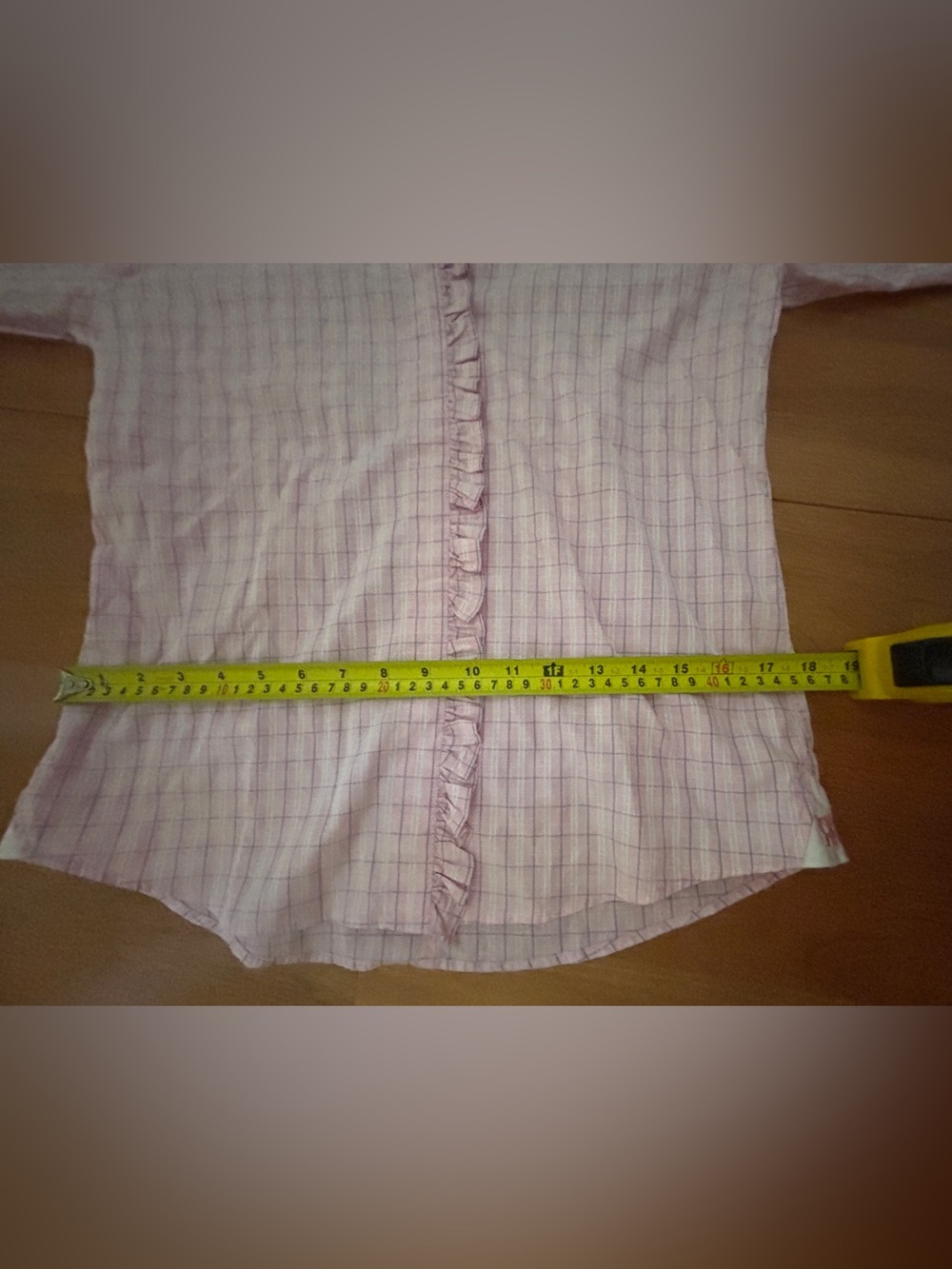 Pink, White, & Blue Plaid 100% Cotton Button-Down Shirt with Ruffle Detail ~ Med - Picture 8 of 15